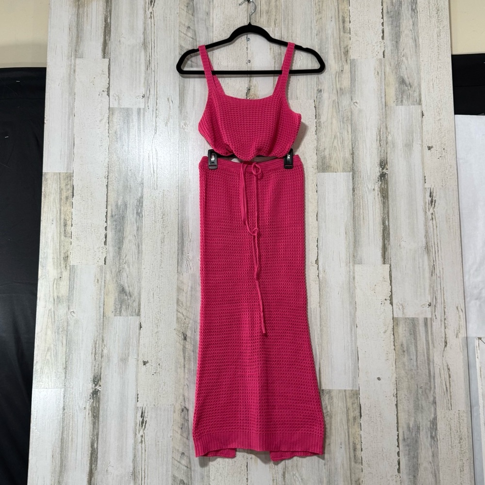 Two Piece Pink Knit Maxi Skirt and Cropped Sleeveless Top Knit Cover Up - Picture 2 of 16